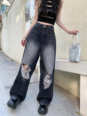 Punk Industry Washed Ripped Street Hip Hop Y2k Vintage Straight Without Belt Jeans