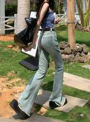 Vintage Blue Fringed Flare WomenSpring Summer High Waist Street Casual Denim Jeans