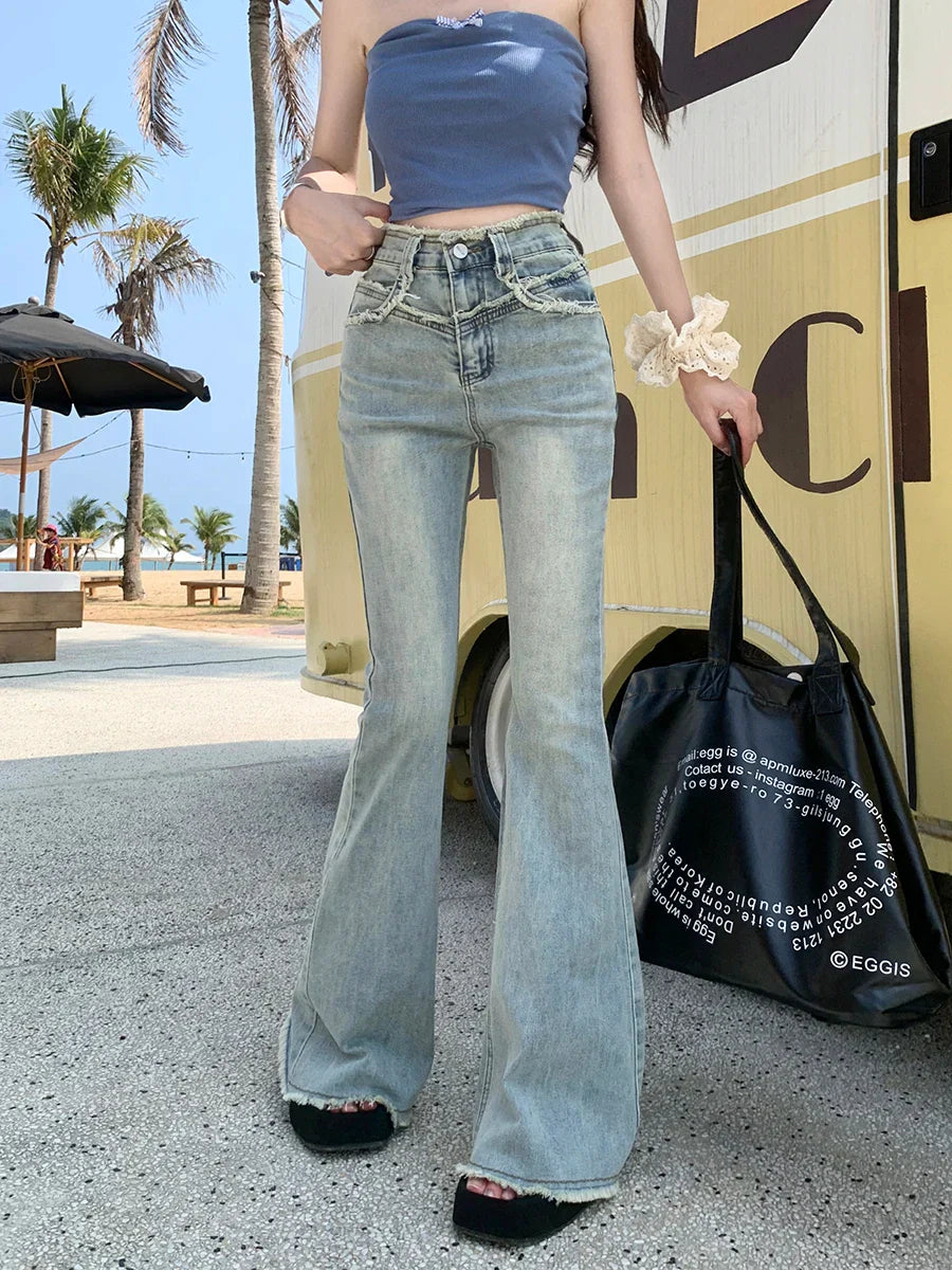Vintage Blue Fringed Flare WomenSpring Summer High Waist Street Casual Denim Jeans