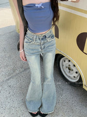 Vintage Blue Fringed Flare WomenSpring Summer High Waist Street Casual Denim Jeans