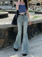 Vintage Blue Fringed Flare WomenSpring Summer High Waist Street Casual Denim Jeans