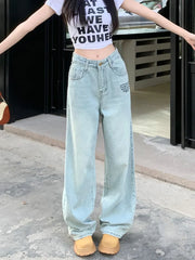 Vintage Embroidered Straight For Spring Streetwear High Waist Long Jeans