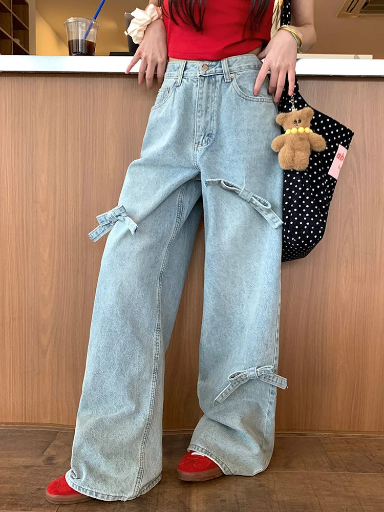 Vintage Y2k Bow Washed Baggy Streetwear Fashion Wide Leg Denim Jeans