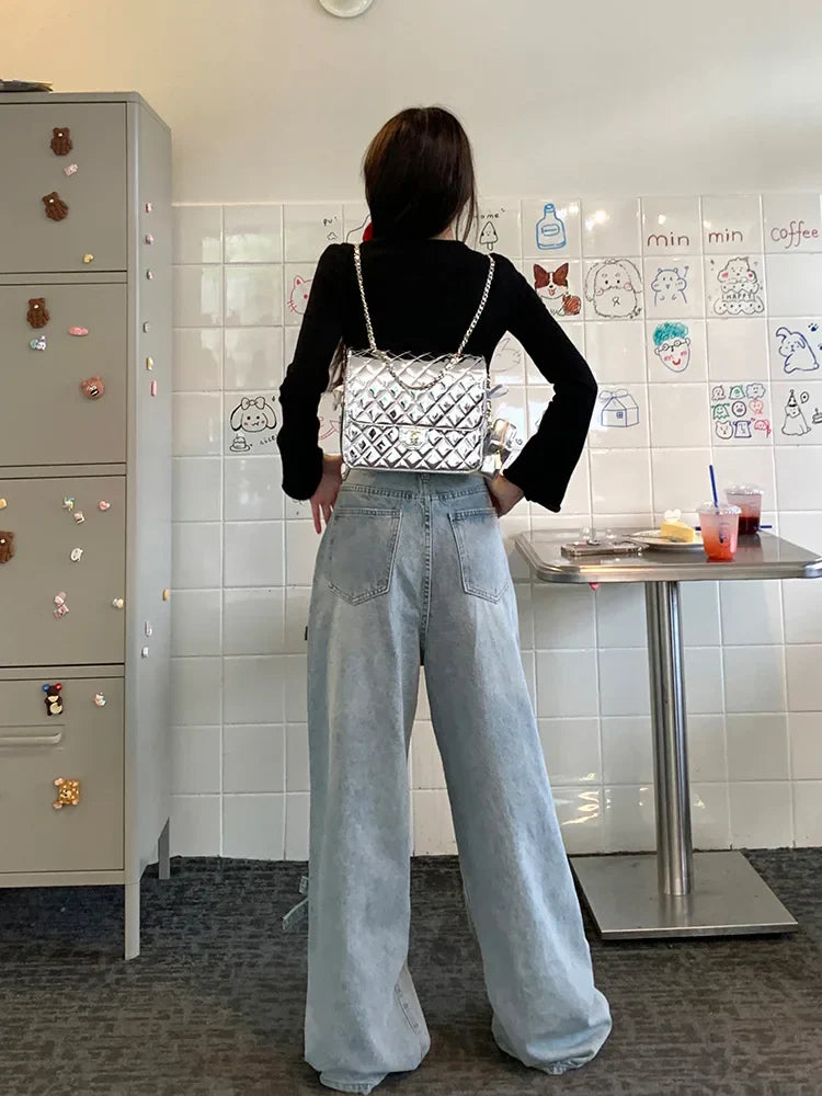 Vintage Y2k Bow Washed Baggy Streetwear Fashion Wide Leg Denim Jeans