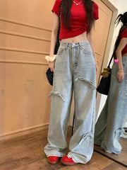 Vintage Y2k Bow Washed Baggy Streetwear Fashion Wide Leg Denim Jeans