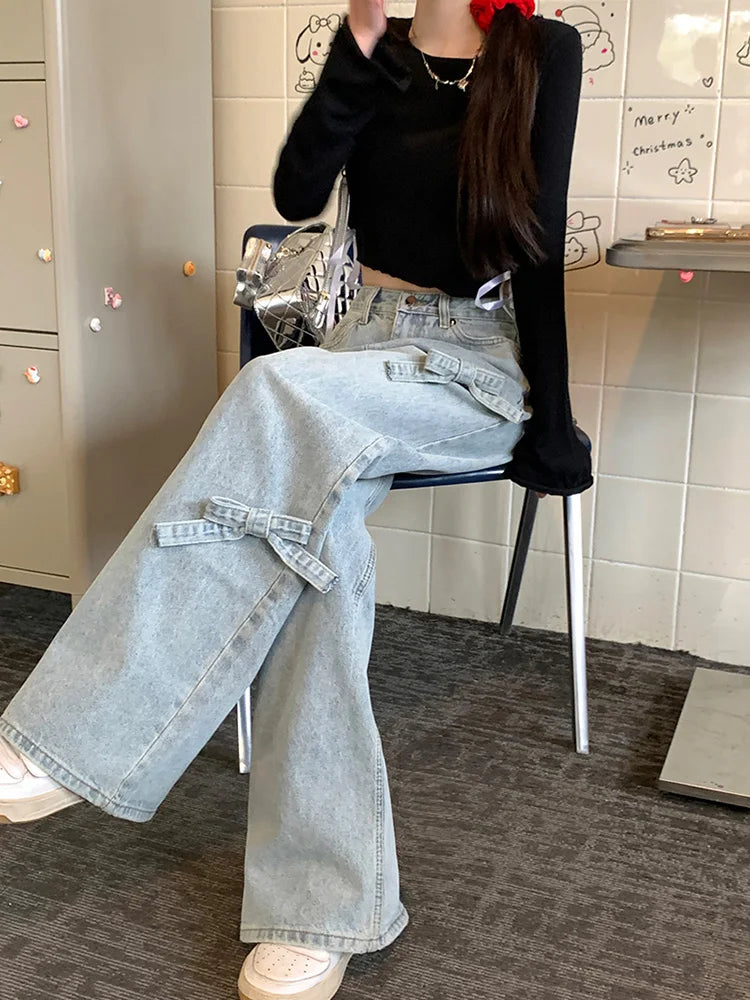 Vintage Y2k Bow Washed Baggy Streetwear Fashion Wide Leg Denim Jeans