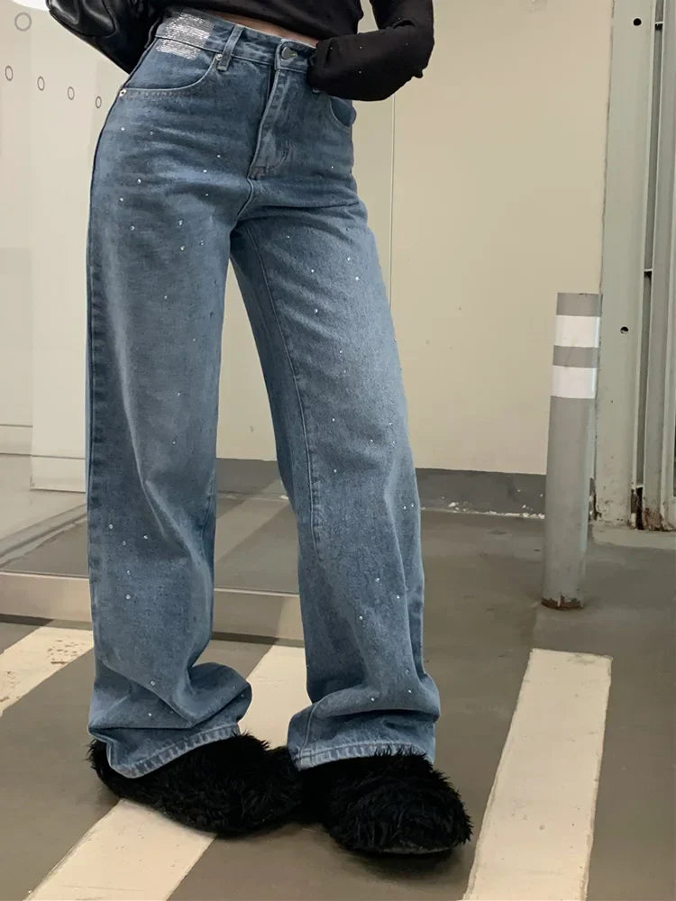 Streetwear Vintage Fashion Rhinestone Y2K Casual High Waist Female Straight Leg Denim Jeans