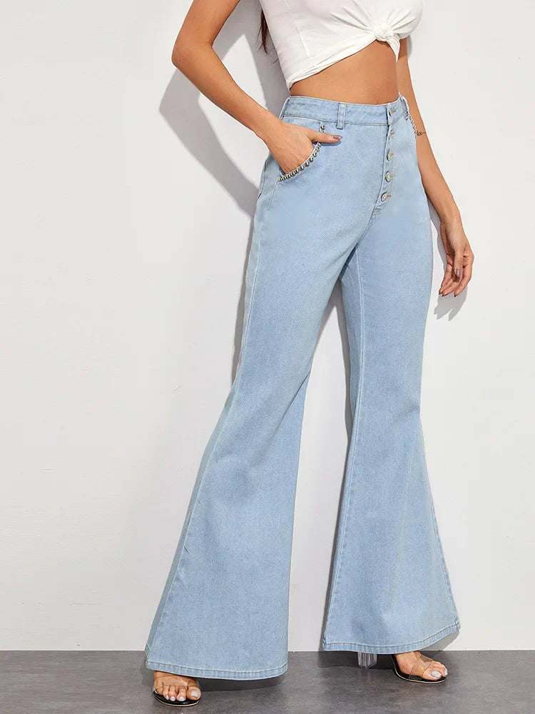 WomenHigh Waist Button Fly Flare Casual Wide Leg Denim With Pockets Jeans