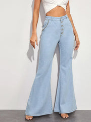WomenHigh Waist Button Fly Flare Casual Wide Leg Denim With Pockets Jeans