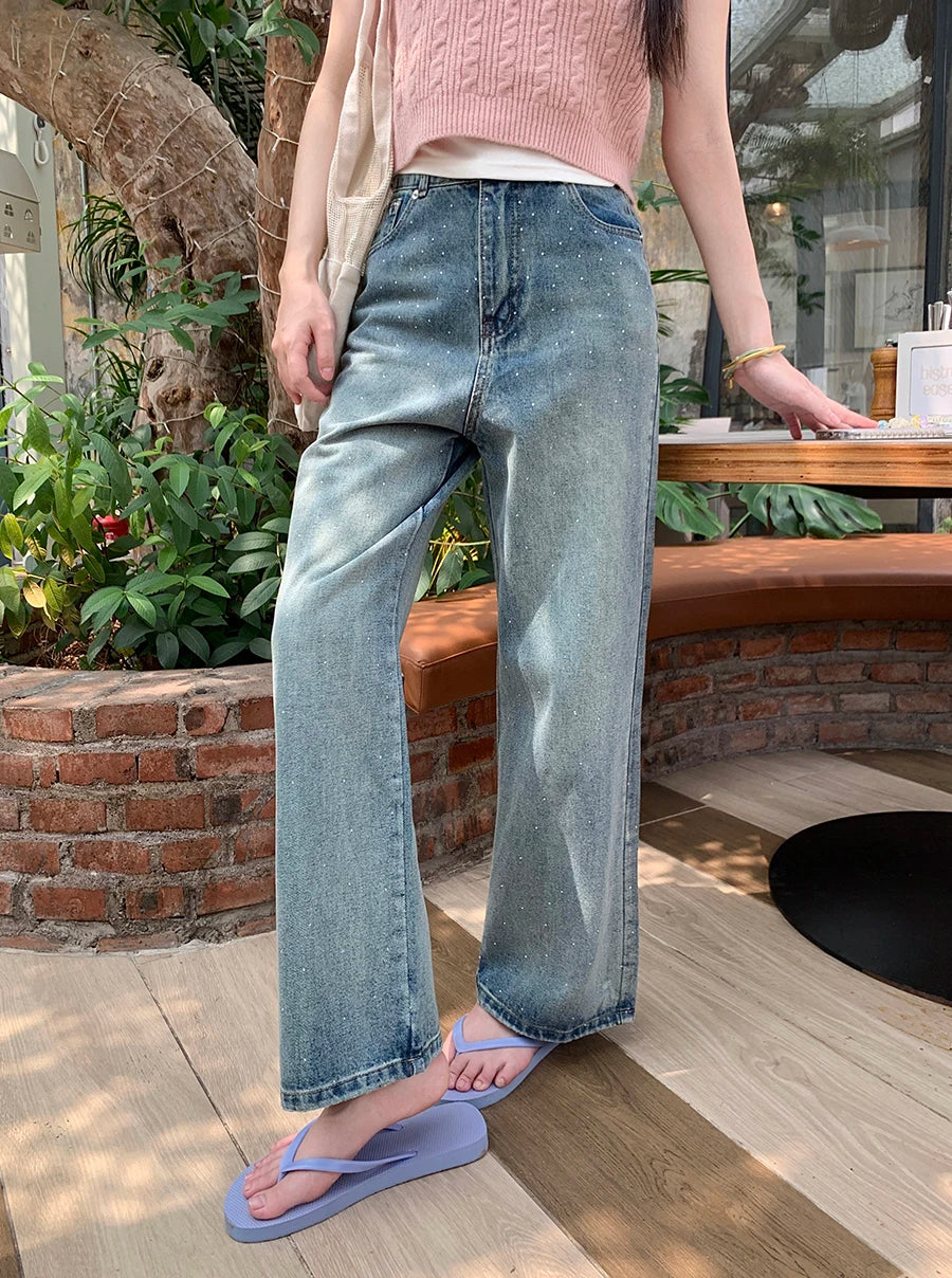 WomenDiamond High Waist Washed Casual Streetwear Blue Retro Straight Wide-Leg Jeans