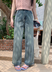 WomenDiamond High Waist Washed Casual Streetwear Blue Retro Straight Wide-Leg Jeans