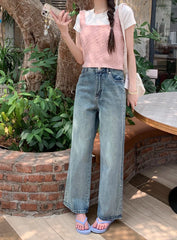 WomenDiamond High Waist Washed Casual Streetwear Blue Retro Straight Wide-Leg Jeans