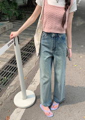 WomenDiamond High Waist Washed Casual Streetwear Blue Retro Straight Wide-Leg Jeans