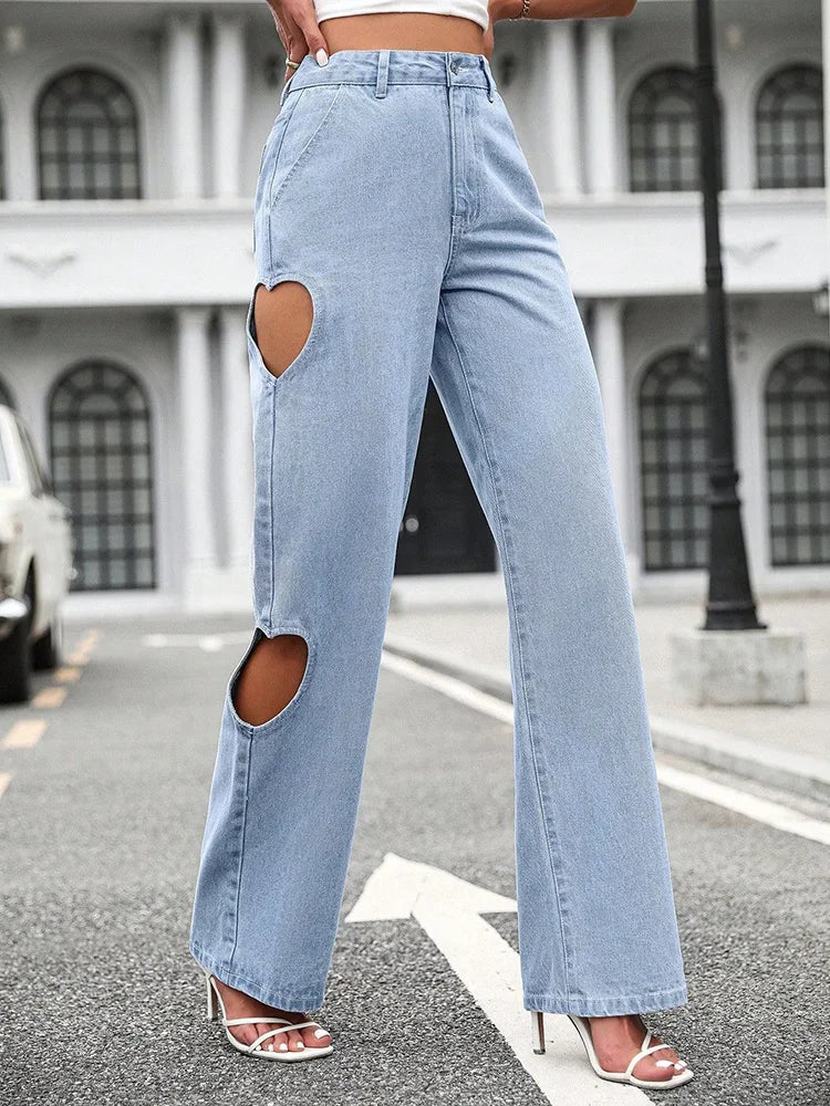 WomenWashed Hole Streetwear Loose High Waist Casual Straight Leg Denim Fashion Jeans