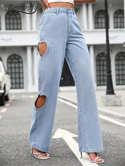 WomenWashed Hole Streetwear Loose High Waist Casual Straight Leg Denim Fashion Jeans