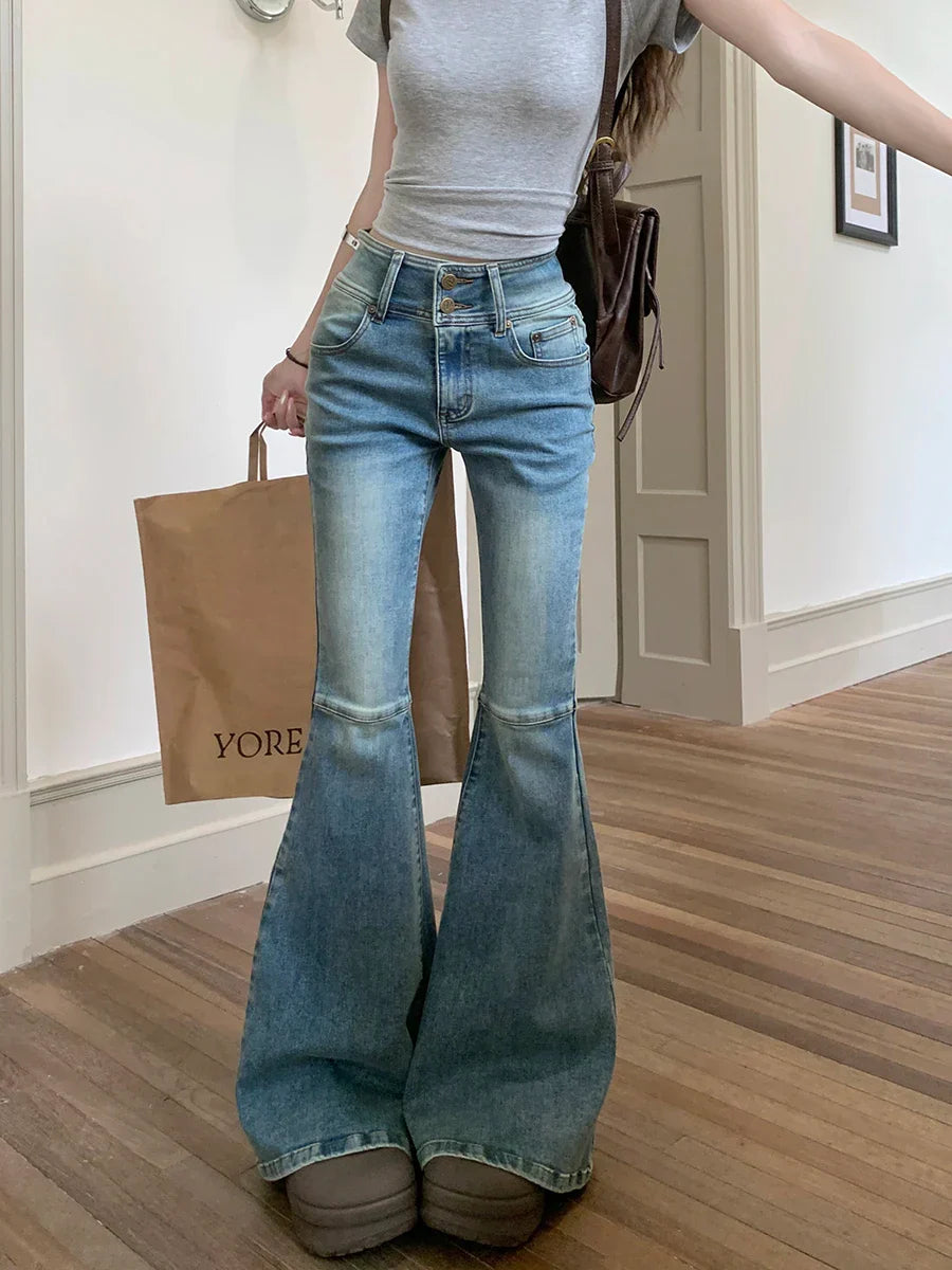 WomenWaist Streetwear Flared Fashion Stretch Slim Washed Denim Jeans