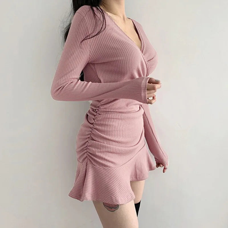 Knitted Ribbed Midi For V Neck Elegant Korean Clothes Long Sleeve Ruffles Bodycon Autumn Mini Dress