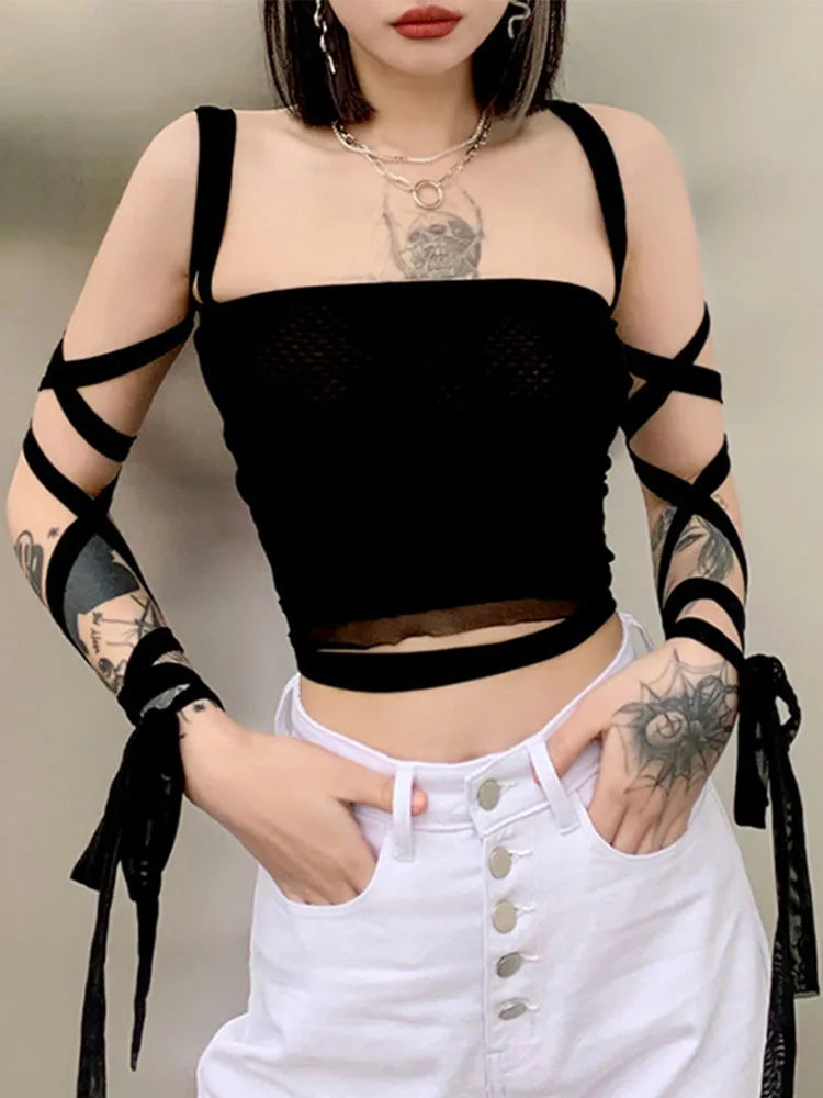 Mesh Lace Up Bandage Fairy Grunge Cyber Y2k Mall Goth Crop Top