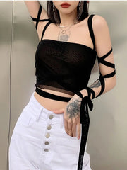 Mesh Lace Up Bandage Fairy Grunge Cyber Y2k Mall Goth Crop Top