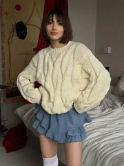 Black White Solid Ribbed Knitted Loose Pullover O Neck Long Sleeve Oversized Sweater