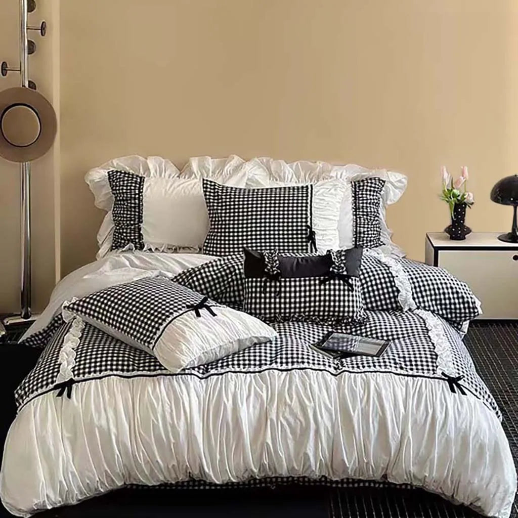 Pink Gingham with Bow Ruched Bedding Set