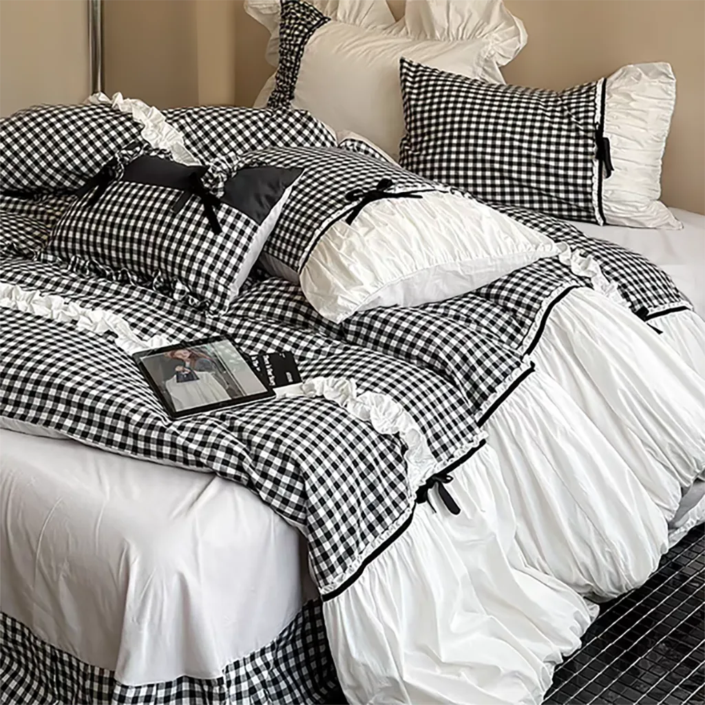 Pink Gingham with Bow Ruched Bedding Set