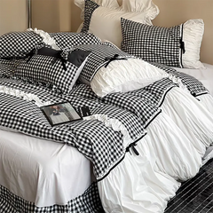 Black Gingham with Bow Ruched Bedding Set