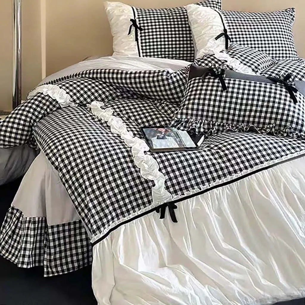 Pink Gingham with Bow Ruched Bedding Set