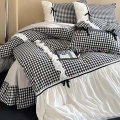 Pink Gingham with Bow Ruched Bedding Set