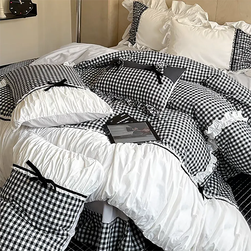 Pink Gingham with Bow Ruched Bedding Set