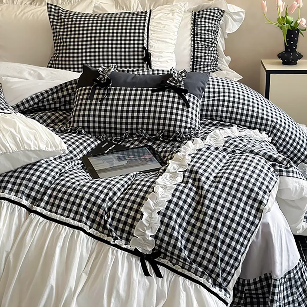 Pink Gingham with Bow Ruched Bedding Set