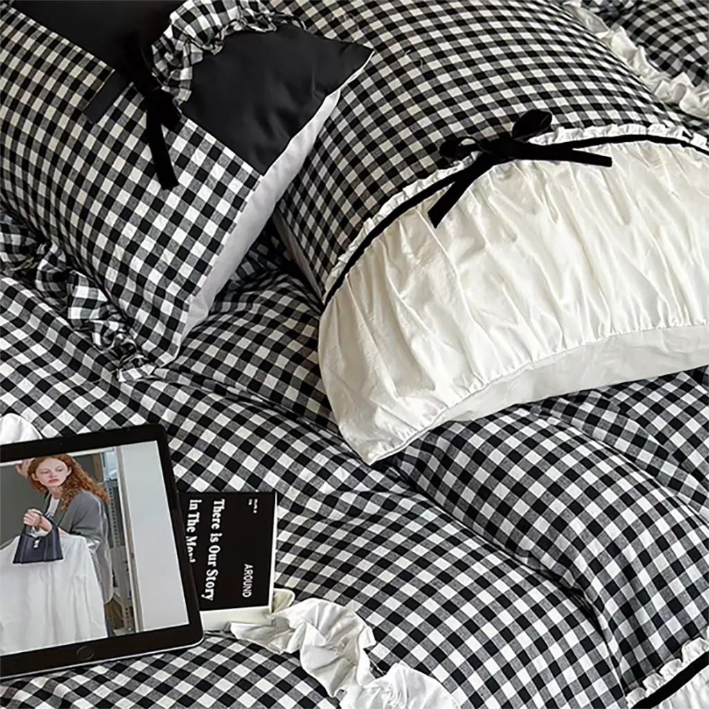 Pink Gingham with Bow Ruched Bedding Set
