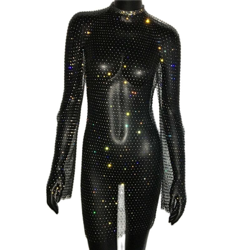 Bling Rhinestones Fishnet Mini Dress Sexy Long Sleeve Crystal Dress