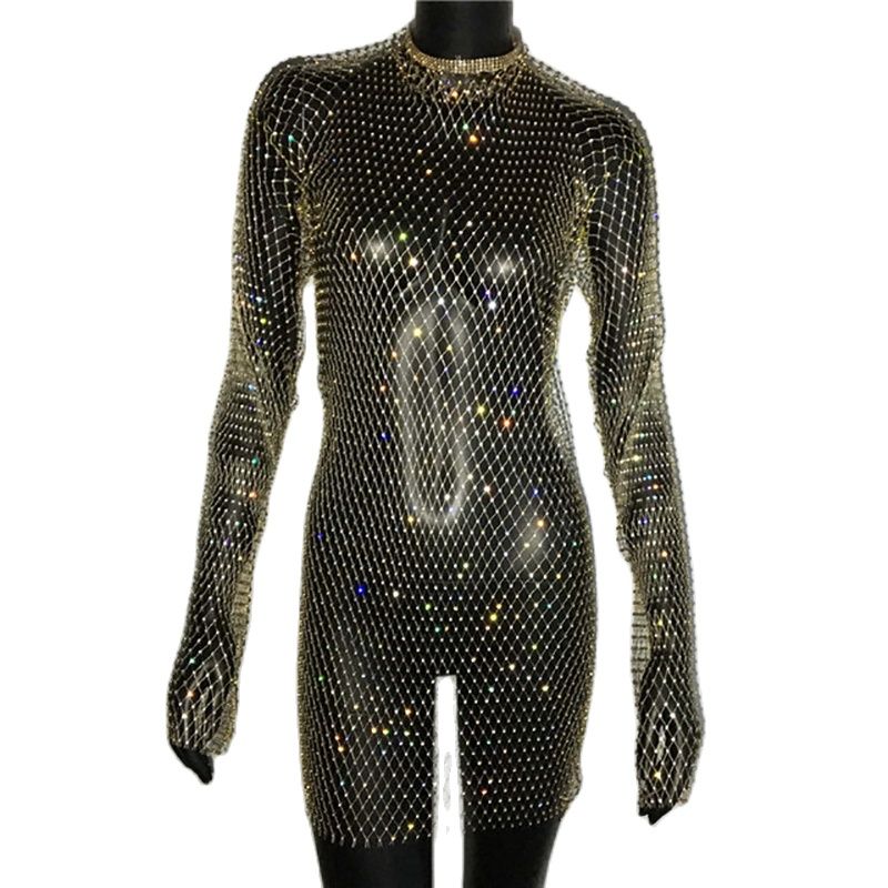 Bling Rhinestones Fishnet Mini Dress Sexy Long Sleeve Crystal Dress
