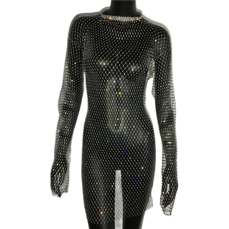 Bling Rhinestones Fishnet Mini Dress Sexy Long Sleeve Crystal Dress