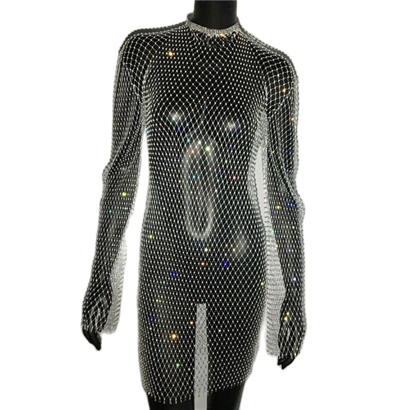 Bling Rhinestones Fishnet Mini Dress Sexy Long Sleeve Crystal Dress