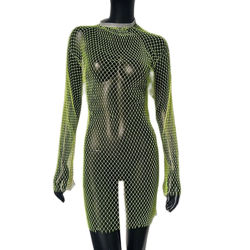 Bling Rhinestones Fishnet Mini Dress Sexy Long Sleeve Crystal Dress