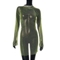Bling Rhinestones Fishnet Mini Dress Sexy Long Sleeve Crystal Dress