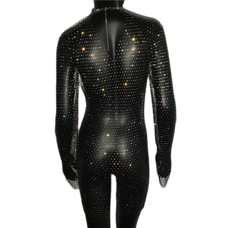Bling Rhinestones Fishnet Mini Dress Sexy Long Sleeve Crystal Dress