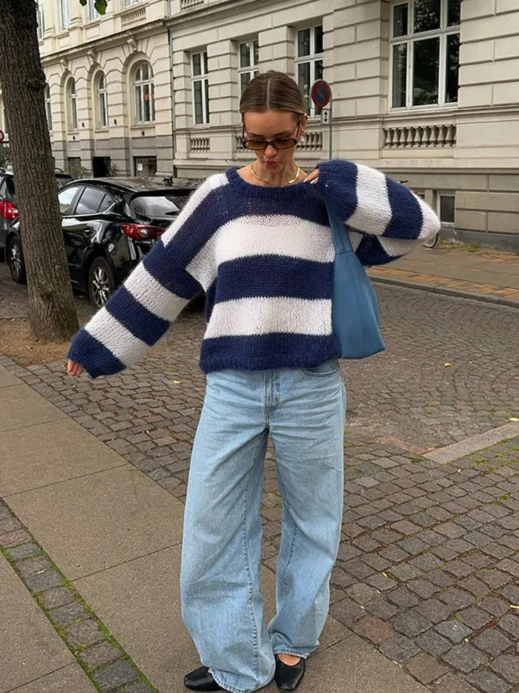 Blue And White Striped Knitted Pullovers Casual Long Sleeve Round Neck Sweater