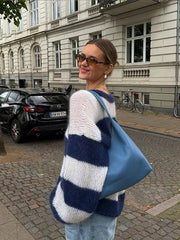 Blue And White Striped Knitted Pullovers Casual Long Sleeve Round Neck Sweater