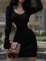 Spring Fashion Backless V Neck Lace Up Long Sleeve Cut Out Dress