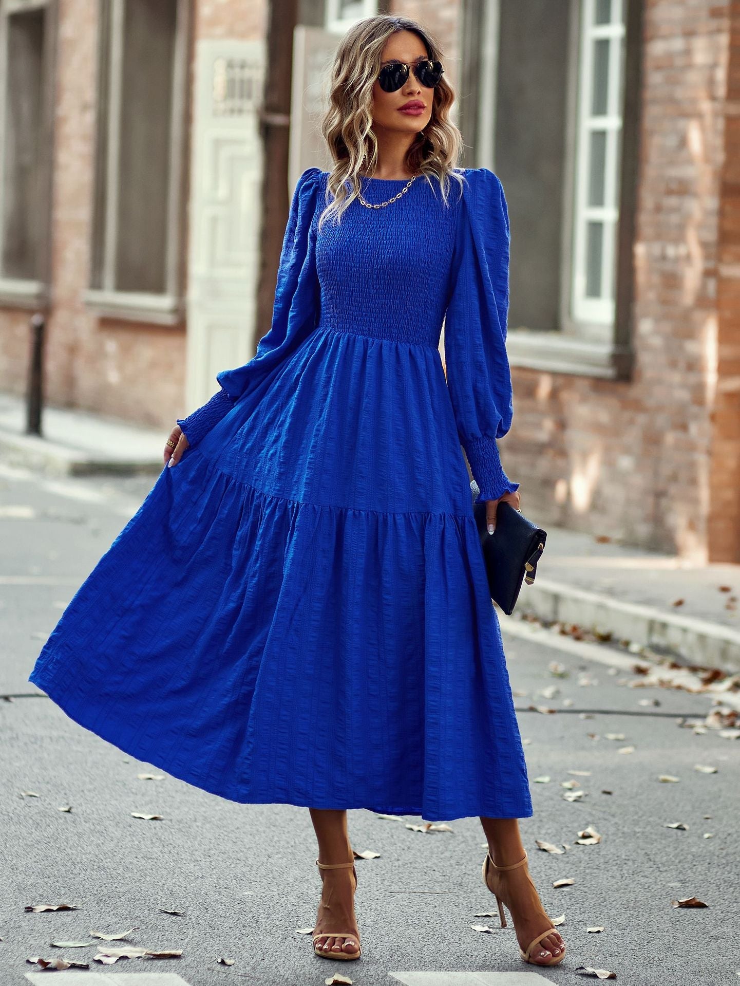Bohemia A-line Solid Lantern Sleeve Maxi Dress