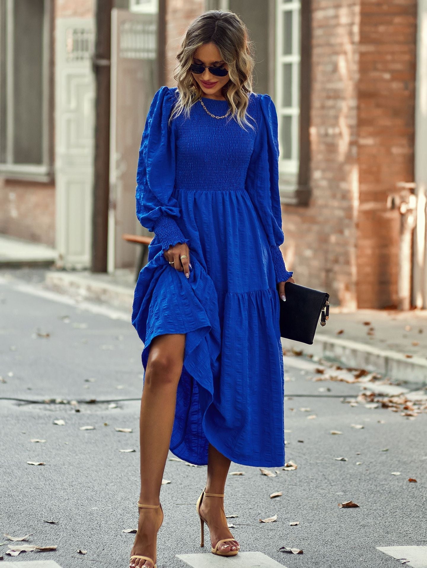 Bohemia A-line Solid Lantern Sleeve Maxi Dress