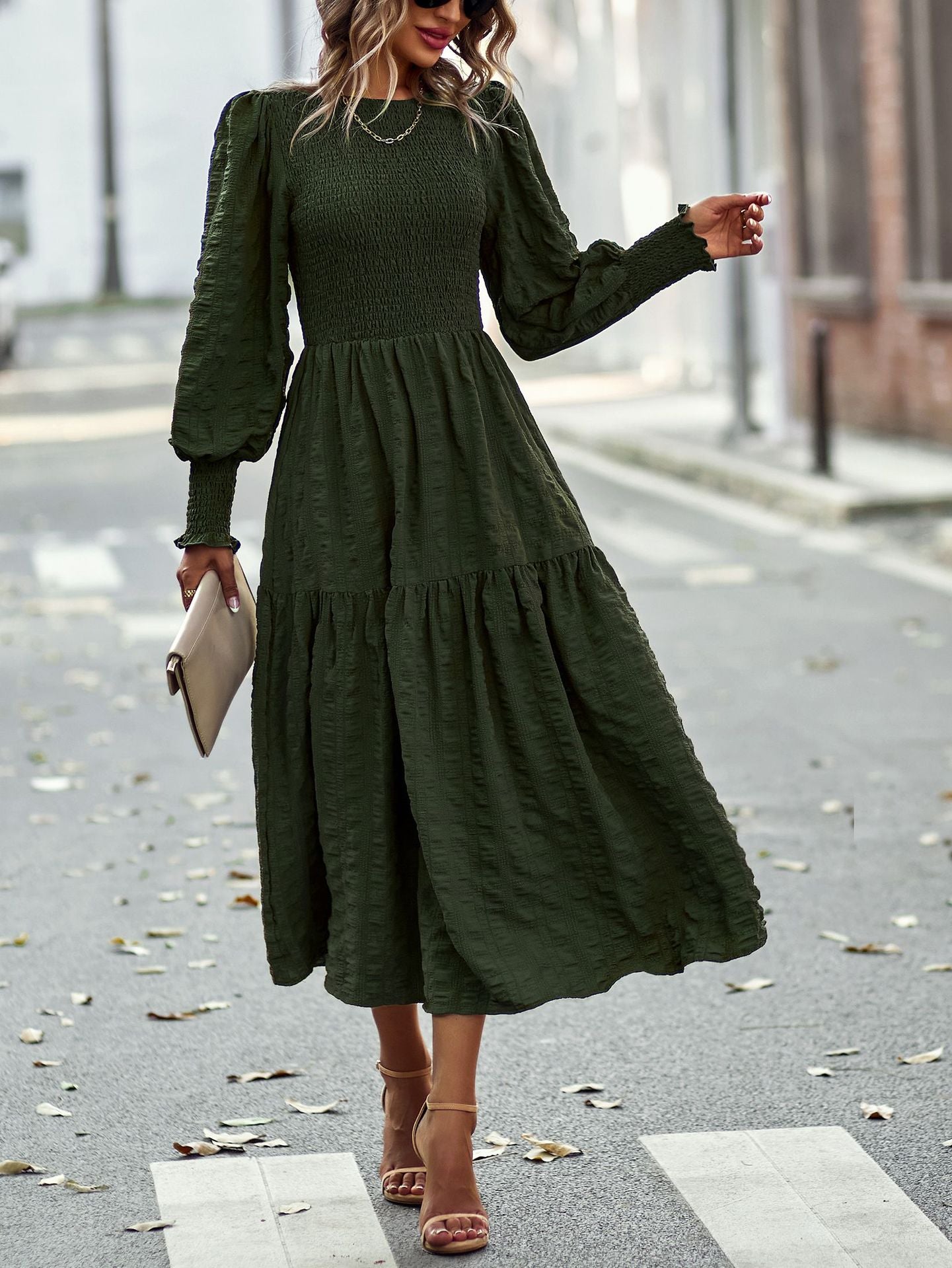 Bohemia A-line Solid Lantern Sleeve Maxi Dress