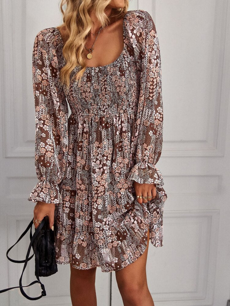 Bohemia Floral Print Ruffles Elastic Waist Mini Dress