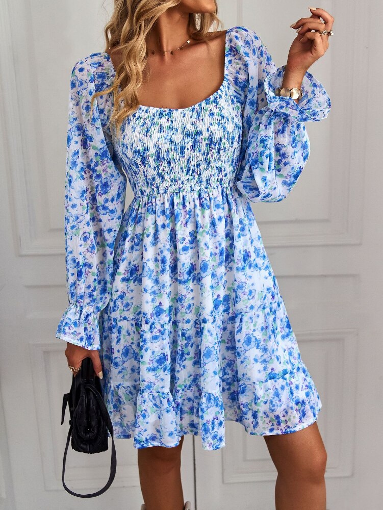 Bohemia Floral Print Ruffles Elastic Waist Mini Dress