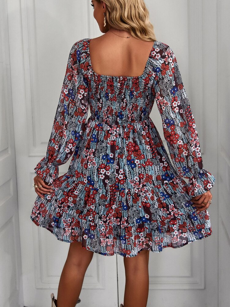 Bohemia Floral Print Ruffles Elastic Waist Mini Dress