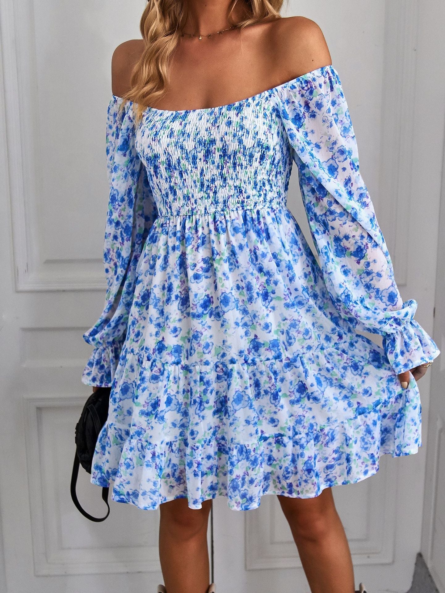 Bohemia Floral Print Ruffles Elastic Waist Mini Dress