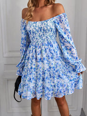 Bohemia Floral Print Ruffles Elastic Waist Mini Dress